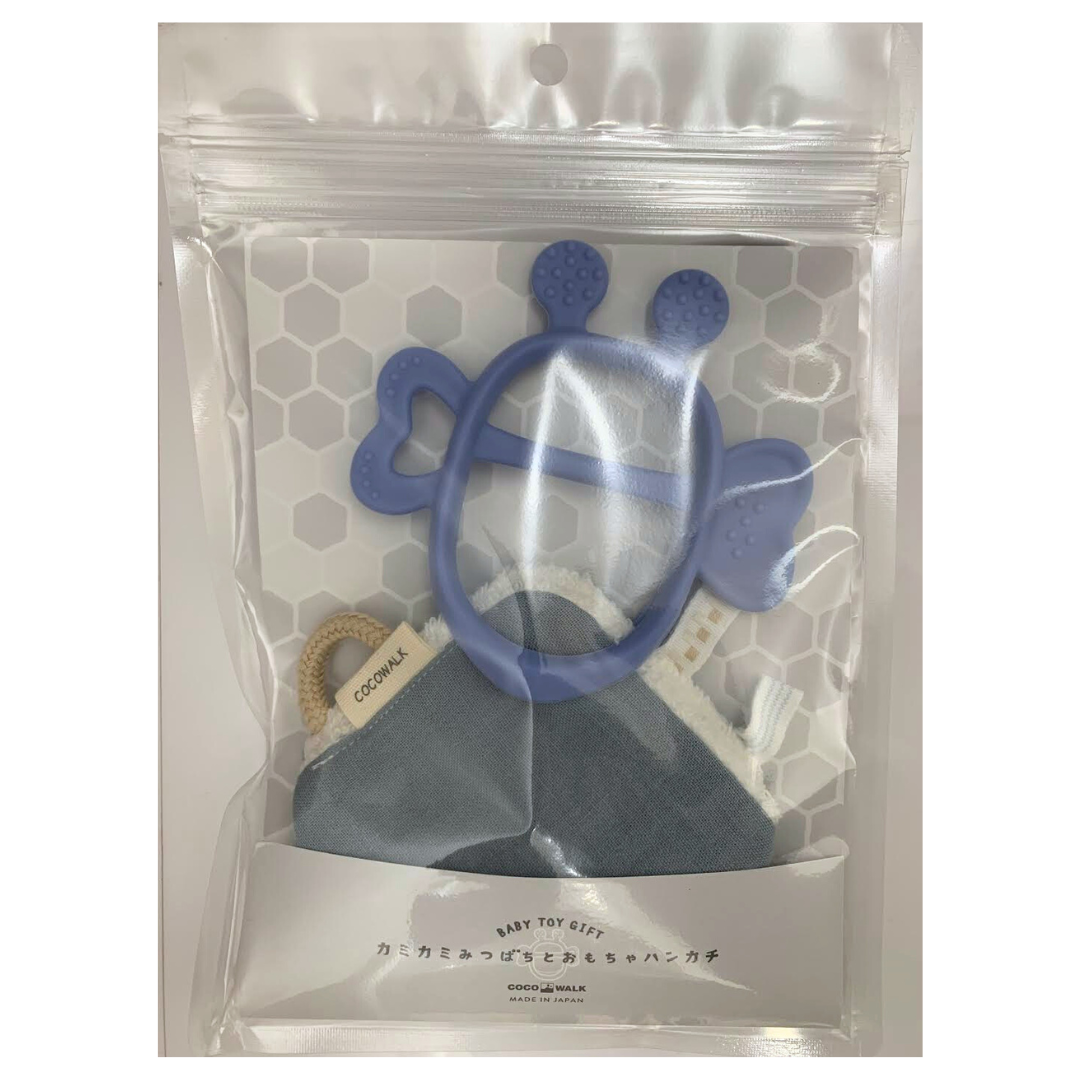 Soft gauze blue baby handkerchief with a teether